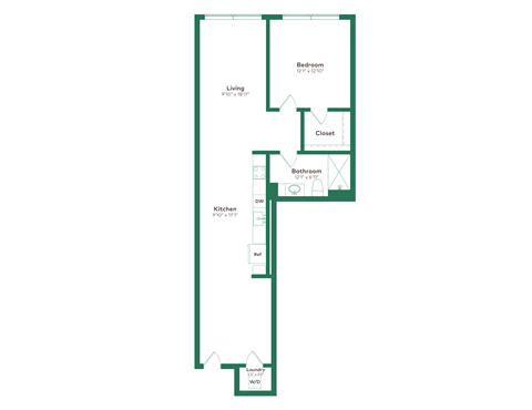 Floor plan for 1 bed, 1 bath, 883 sqft